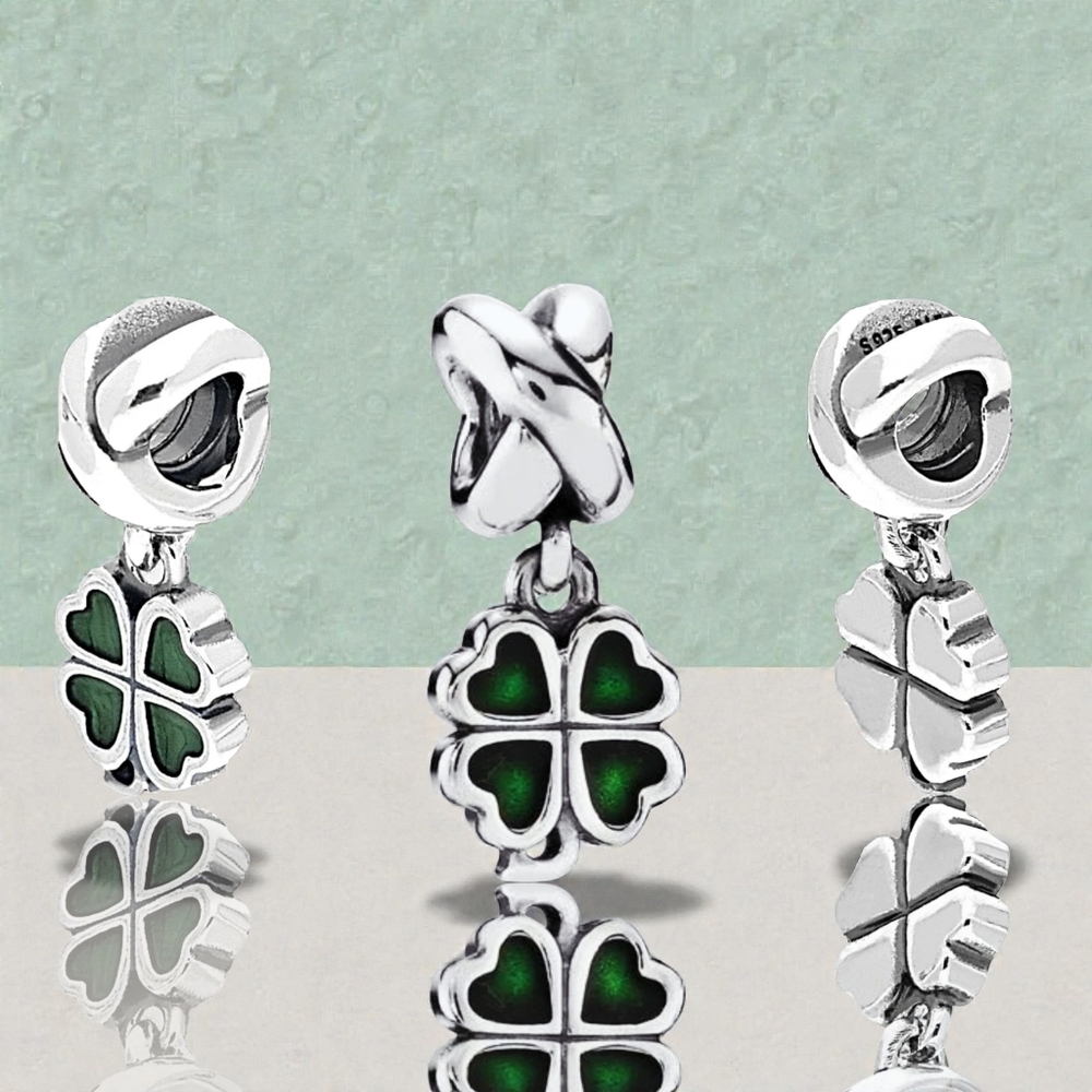 Pandora Sterling Silver Dark Green Enamel Four-Leaf Clover Dangle Charm